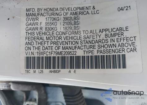 2021 Honda Civic Exl from USA, damaged, VIN 19XFC1F79ME209522